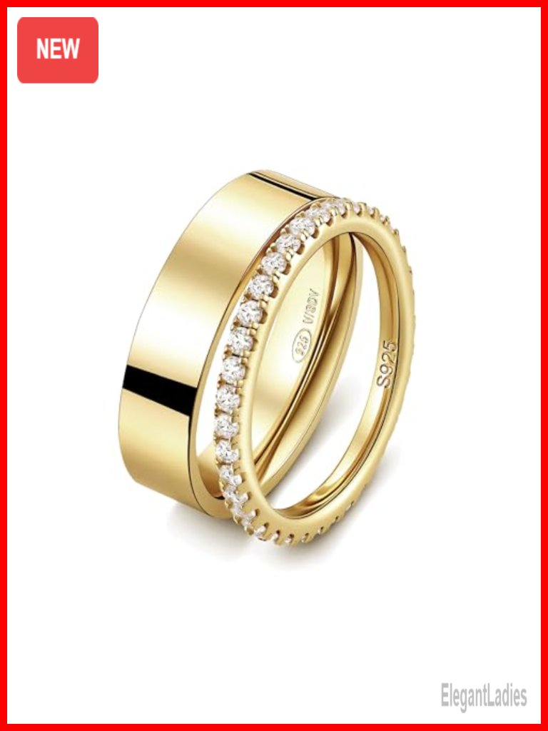 2-Pack Sterling Silver Eternity Ring & Gold Plated Band, 2mm Cz Stackable